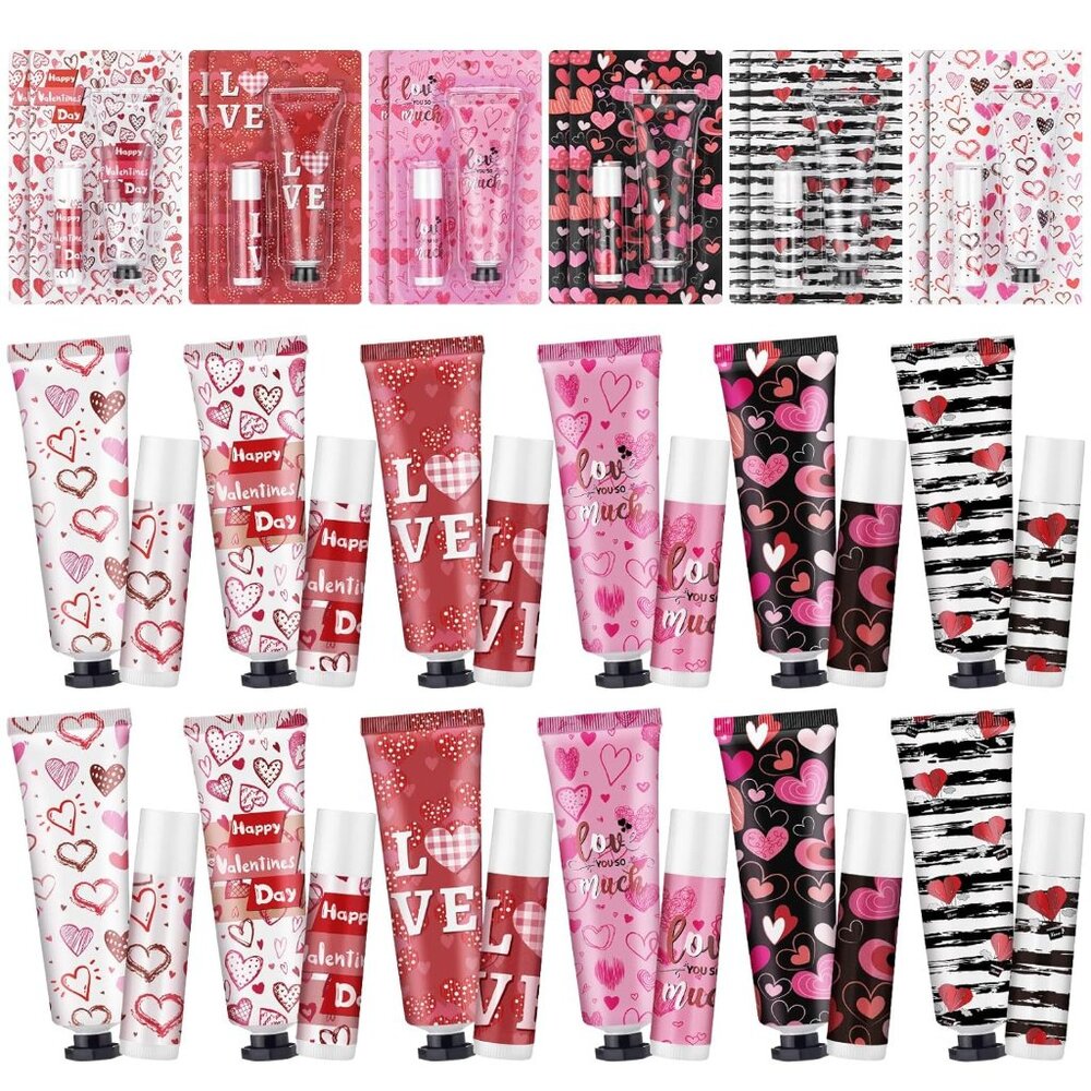12 Sets Valentine's Day Hand Cream Lip Balm Bulk Gifts Galentine's Day Gift Vale